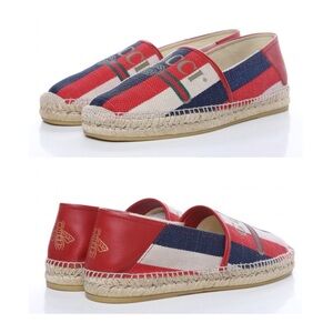 Gucci Sylvie Stripes Interlocking G Logo Canvas Leather Espadrilles Flats size 8